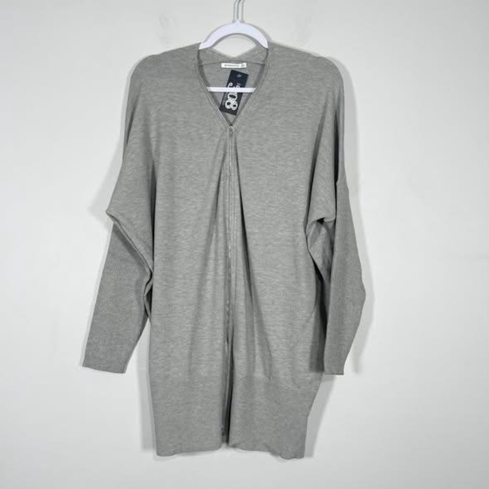 Staccato Long Line Cardigan Sweater Womens Large Gray‎ Full Zip Dolman Sleeve